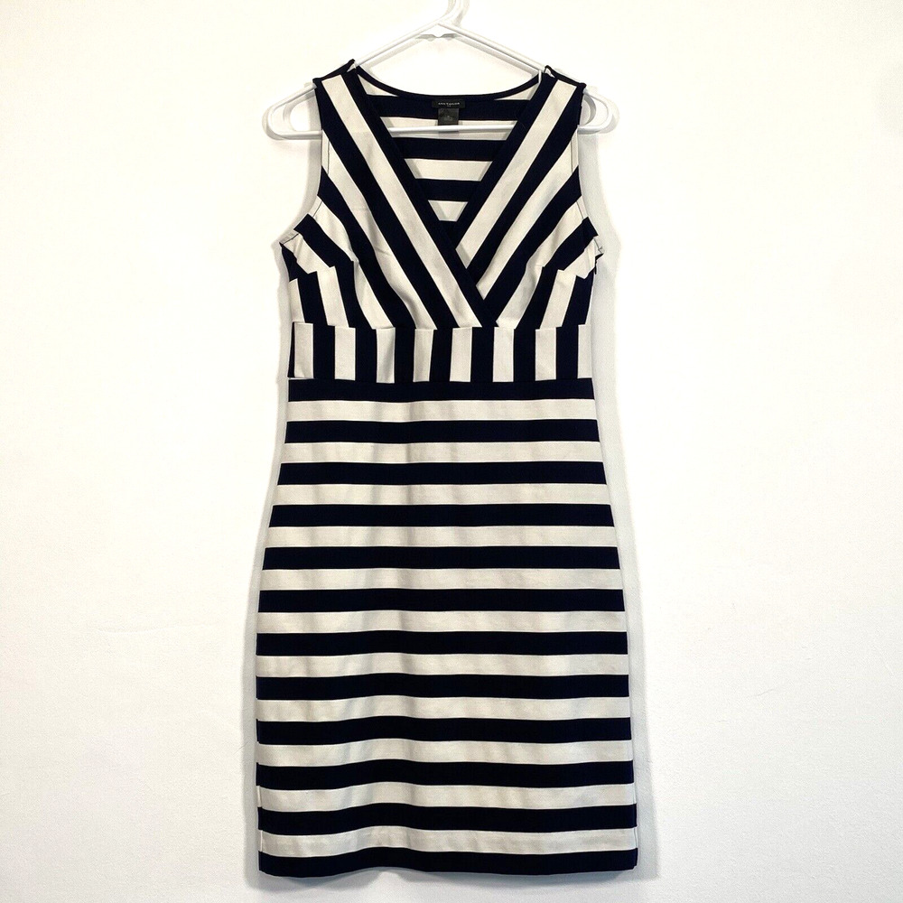 Ann Taylor Dress Small 14 Black White Striped Dress Sleeveless Sheath Party
